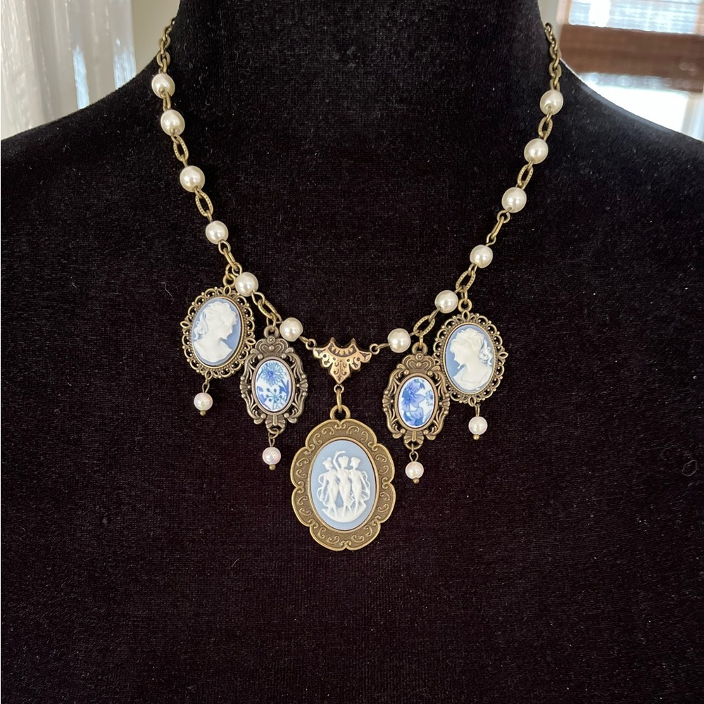 Vintage Cameo Wedgewood Blue Style Choker Three Fates Necklace
